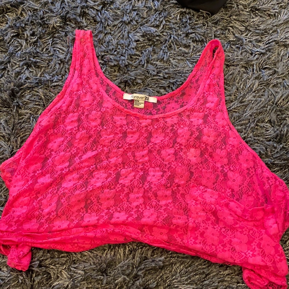 Forever 21 Hot Pink Lace Sheer Crop Top.